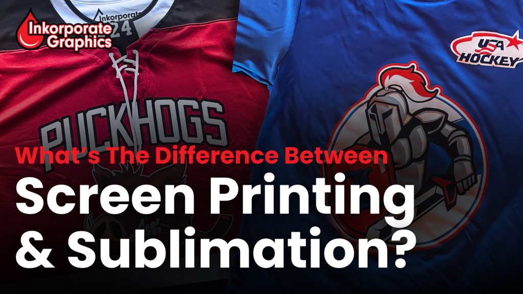 A side-by-side comparison of two garments from Inkorporate Graphics_ a bold screen-printed sweatshirt with a simple design and a vibrant sublimated t-shirt showcasing intricate graphics